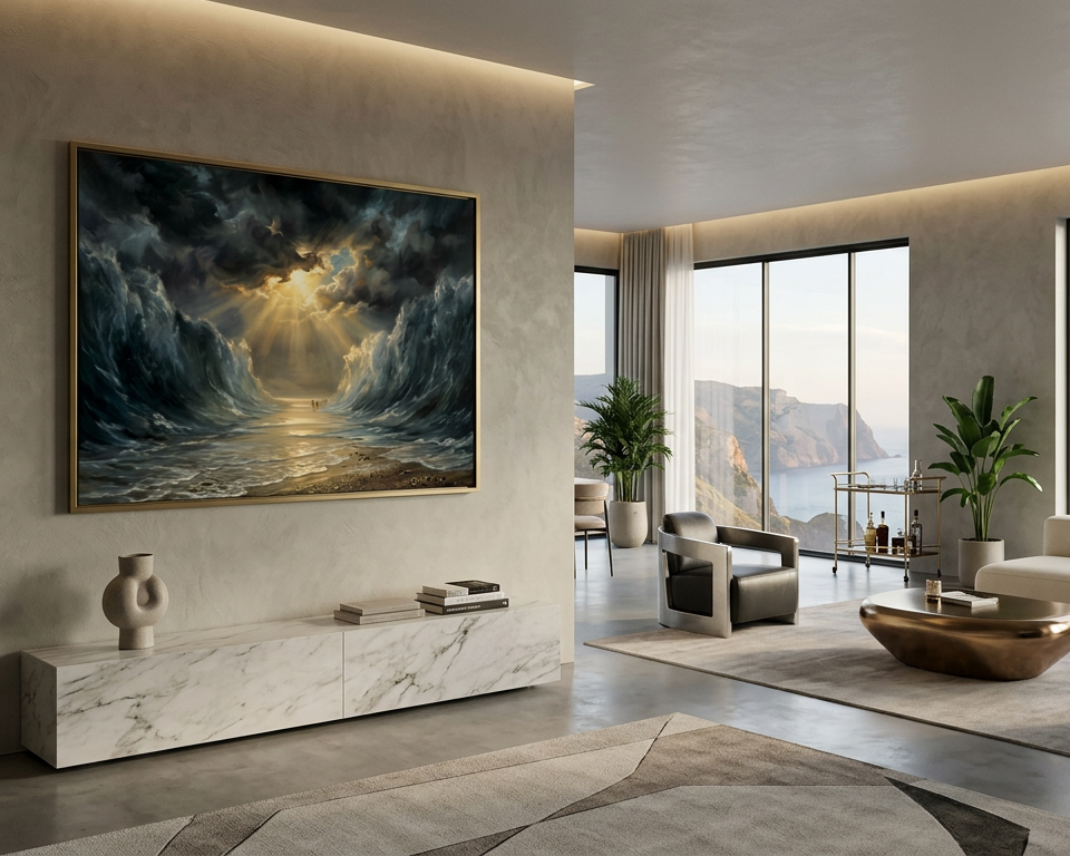 Modern living room with a large painting on the wall of the Red Sea.