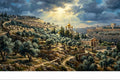 Painting of a historical cityscape with a prominent building under a dramatic sky. Still & Held