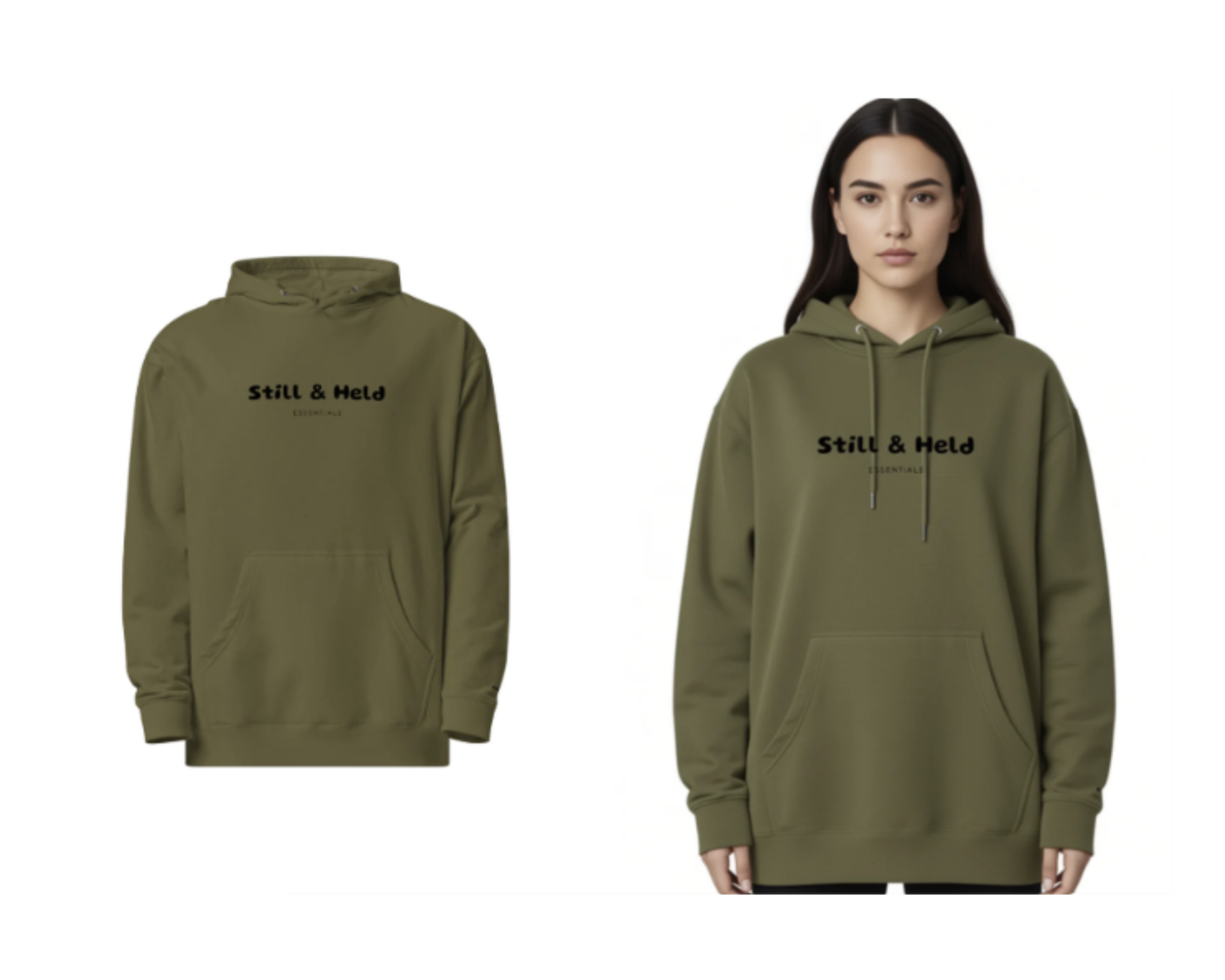 Olive green hoodie with 'STILL & HOLD' text on a white background