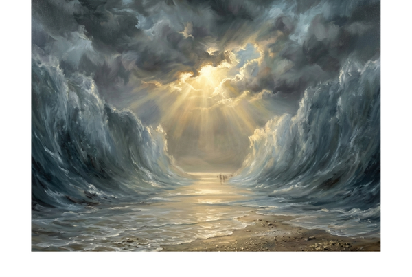 Stormy seas with sunlight breaking through dark clouds