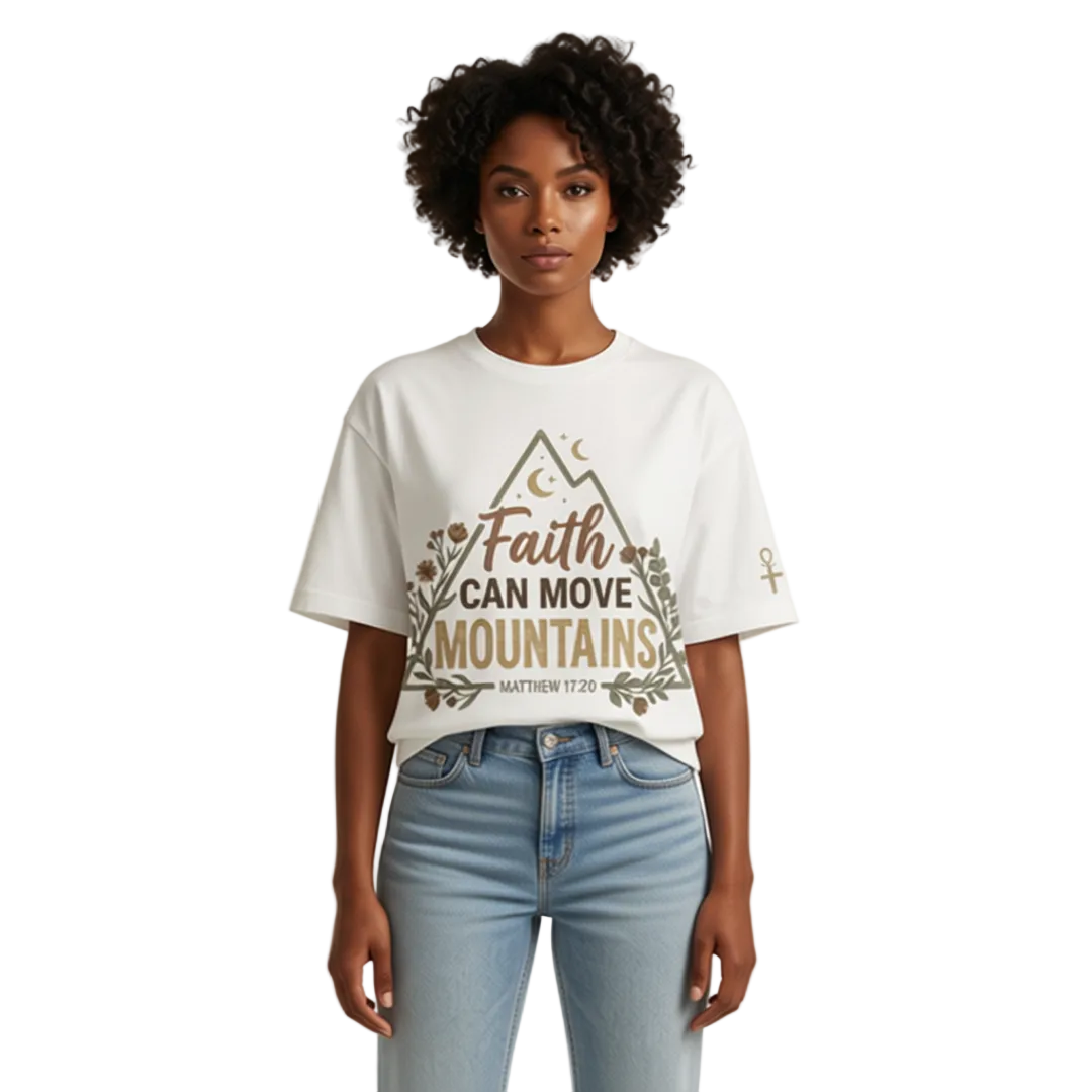 Person wearing a white t-shirt with 'Faith Can Move Mountains' design on a plain background