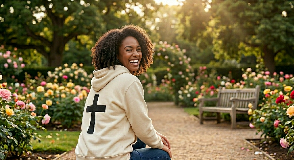 Woman in Christian hoodie