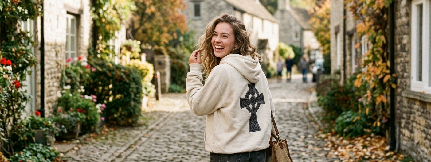 Woman walking down a cobblestone street in a quaint village.
